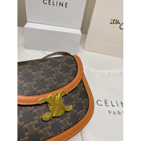2023.10.30 P190 (Folding Box) size: 1714Celine New Celine Arc de Triomphe Saddle Bag Vintage Print Pattern, Round Corners~Metal Arc de Triomphe Switch, Can be Shouldered or Crossed Small and Convenient, Lazy and Easy to Follow