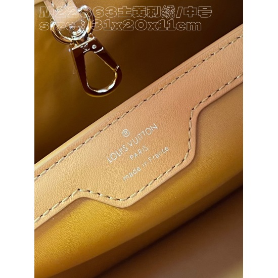 20231125 P1720 [Exclusive Real Time M22863 Earth Yellow Embroidery/Medium] This Capuchines MM handbag was created by Nicolas Ghesquire and highlights the LV Broderie Anglaise theme of the brand's early autumn 2022 collection. The cow leather bag is embell