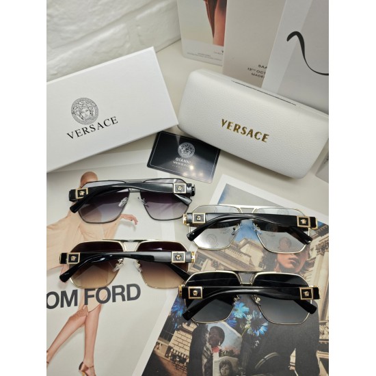 220240401 P90 Tan Versace Square Sunglasses with Concise Metal Style Gold Medusa Head Image with Three Dimensional Texture