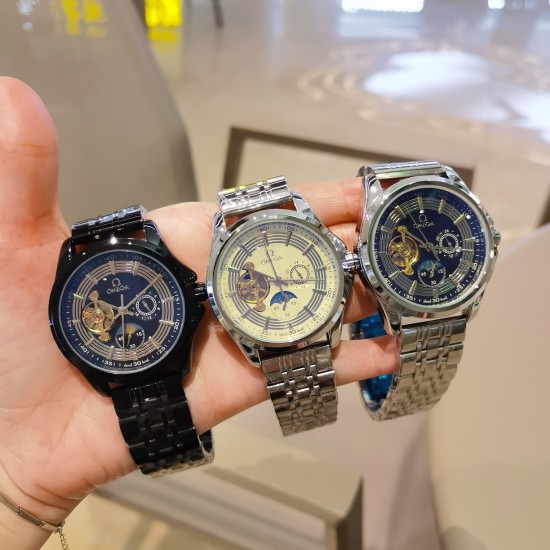 20240408 [Precision Steel Band with Ten Butterfly Buckles] White: 235 gold, all black, same price 245 Omega One OMEGA [color] Nine flywheel fully automatic sun, moon, and stars machinery ⌚ 6 character daytime travel time (sun) [sun] nighttime travel time 
