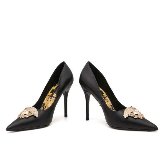 20240414 VERSACE Spring/Summer/Autumn New High Heels Material: Genuine leather fabric+sheepskin lining+rubber outsole Heel height: 10.5cm Size: Standard 35-41, can be customized with 2 types of metal avatars in size 42 p250