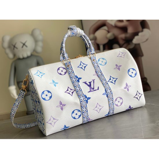20231125 Batch 800 [Original Boutique] M10254 Blue Travel Bag Series KEEPALL BANDOULIRE 45 Travel Bag This Keepall Bandoulire 45 travel bag is made from Giant Monogram canvas, giving LV letters and Monogram flowers the same color depth difference. The sid