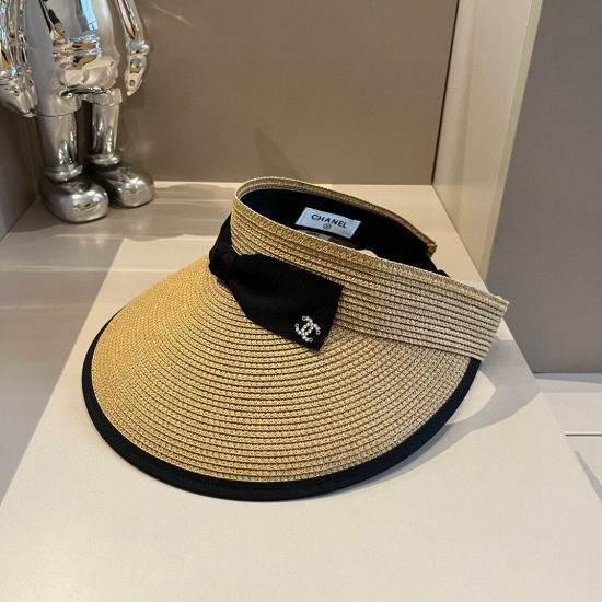220240401 60Chanel Bow Sun Hat, Empty Top Straw Hat, Adjustable