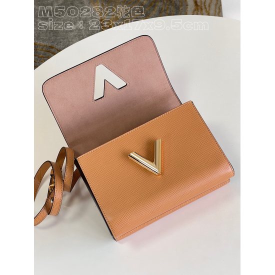 20231125 P1120 [Exclusive Real Shot M50282 Camel] This Twist Medium Chain Bag is made of iconic Epi leather and features a dazzling metal construction for the LV Twist twist lock. Short chain handles are suitable for evening occasions; Tie leather shoulde