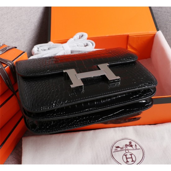 20240317 (Black) Hermes French Origin (Crocodile Pattern) Batch: 540constance Constance Flight Attendant Bag ☣ Crocodile Skin Pure Steel Plated Hardware Buckle Authentic Leather Source Super Good Touch Accessories Precise Steel Laser Logo Perfect Flap Cur