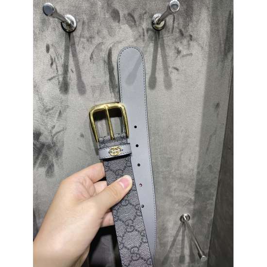Gucci 673921 FABY3 Grey Supreme PVC Old Flower Imported Bottom Width 3.5cm Leather Loop Sewn Stereoscopic GG Hardware Accessories Square Simple Needle Buckle