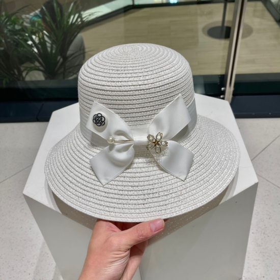 220240401 P70 Chanel socialite straw hat, sun hat, beach straw hat, essential item for goddesses, black and white khaki tricolor head circumference 57cm