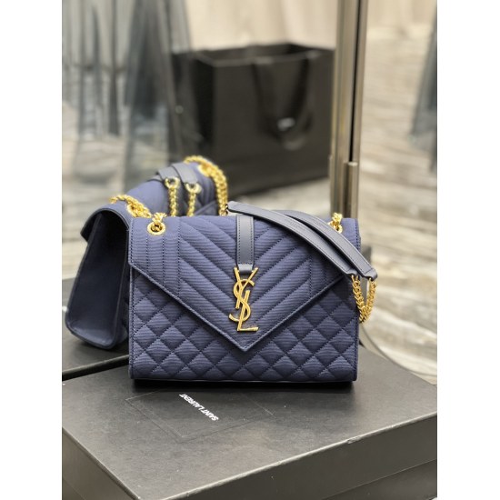 20231128 Batch: 630 # Envelope # Blue Exclusive Fabric Medium Quilted Genuine Leather Envelope Bag Classic is Eternal, Beautifying the Sky with V-pattern and diamond grid pattern, Italian cowhide paired with cotton and linen material, eye-catching Y famil