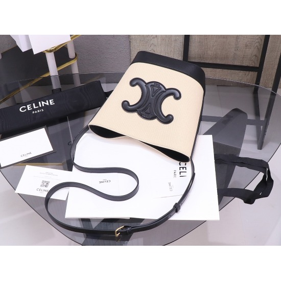 20240315 [Premium Quality All Steel Hardware] P91023s New Product | CELINE CUIR TRIOMPHE Small Striped Fabric Cowhide Bucket Bag 23s New Fabric Series | Continuing Classic, Striped Fabric Paired with Stereoscopic Triumphal Arch Logo for Renewal, Low key a