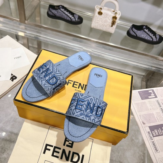 20240326 FENDI's latest best-selling item, wide strap flat bottom slippers, distressed blue denim material decorated with FF pattern embroidery, size 35-42, rubber sole 180, real leather sole 210