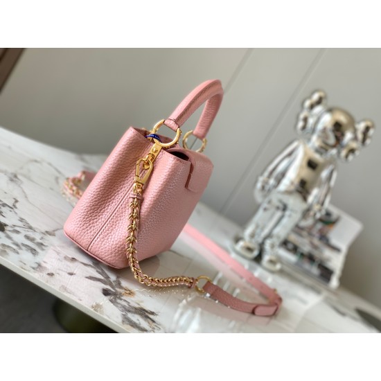 20231125 P1200 [Premium Original Leather M59709 Metal Powder Gold Buckle] This Capuchines mini handbag is made of bright Taurillon leather, interwoven and wrapped with a chain, showcasing exquisite craftsmanship. The chain can be easily removed or adjuste
