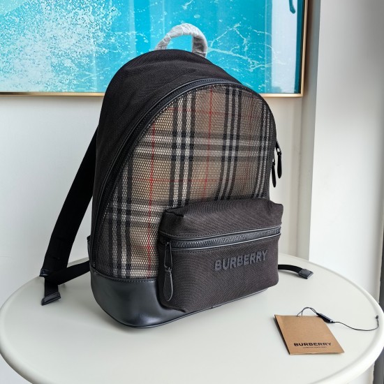 2024.03.09p700 Top of the line original B selected Burberry plaid cotton fabric backpack, paired with a mesh outer layer, embellished with brand logo embroidery in the same color scheme. 30 x 15 x 42cm leather top handle; Adjustable shoulder straps with 1