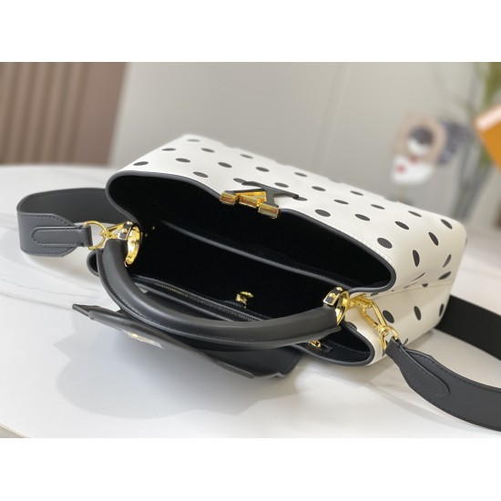 On July 10, 2023, M20374 Polka Dot Gold Buckle This Capuchines BB handbag features a distinctive polka dot pattern on cow leather, continuing the classic exploration of the 2022 spring/summer ready to wear collection. The detachable wide shoulder strap an