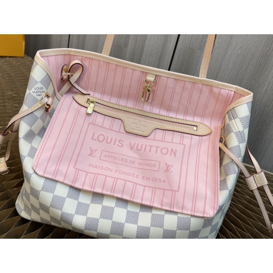 20231125 Internal Price P490 Top Original Order [Exclusive Background] M41245 Small White Grid Pink [Taiwan Goods] All Steel Hardware ✅ Classic Shopping Bag 29cm LV Louis Vuitton New Neverfull Small Handbag has a sleek and classic design, making it an ele
