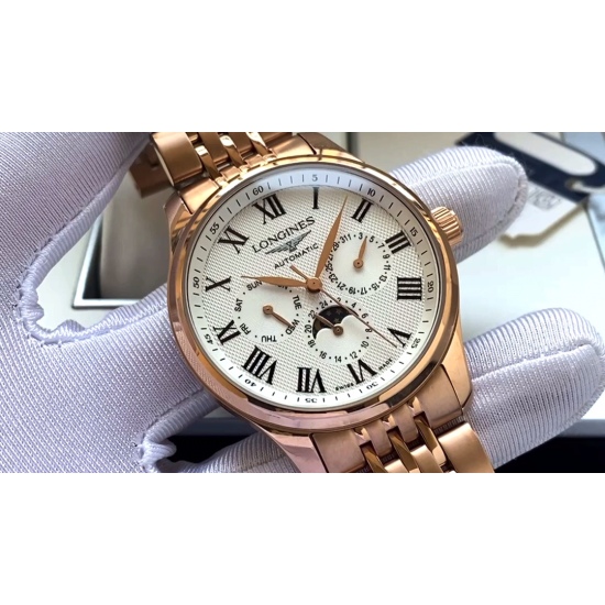 20240408 560. Longines, a renowned craftsman in Rome, has a multi-functional wristwatch at 3:00am, 6:00am, and 9:00am. The watch features a Sunday, 24-hour lunar phase, and features a 3836 movement (stable and precise timing). The side of the case is also