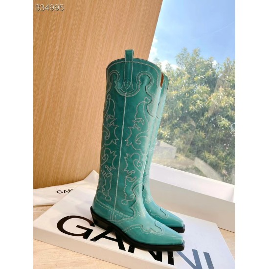 2024.01.05 490 Top Edition Purchase Level GANNI 2023 Autumn/Winter Women's Shoes Vintage Leather Embroidered Pointed Mid Barrel Western Boots Cowboy Boots Knight Boots Minimalist Stir Fried Chicken Soft and Comfortable Short Heels Fashionable and Essentia