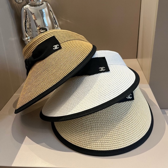 220240401 60Chanel Bow Sun Hat, Empty Top Straw Hat, Adjustable