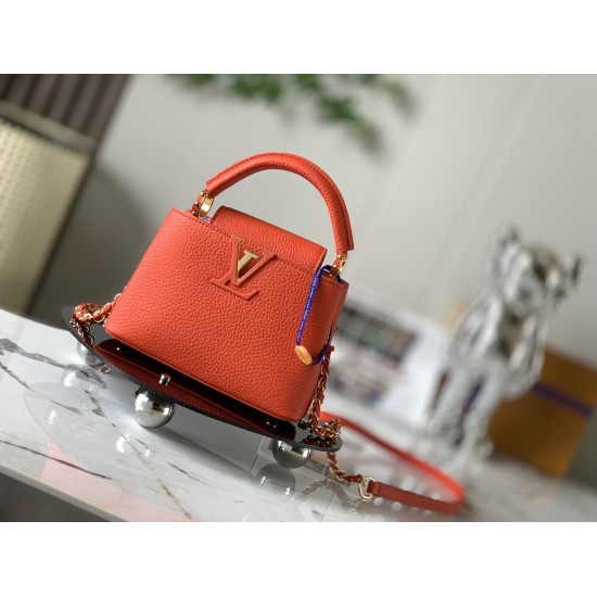 20231125 P1200 [Premium Original Leather M59709 Orange Gold Buckle] This Capuchines mini handbag is made of bright Taurillon leather, interwoven and wrapped with a chain, showcasing exquisite craftsmanship. The chain can be easily removed or adjusted to a