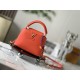 20231125 P1200 [Premium Original Leather M59709 Orange Gold Buckle] This Capuchines mini handbag is made of bright Taurillon leather, interwoven and wrapped with a chain, showcasing exquisite craftsmanship. The chain can be easily removed or adjusted to a