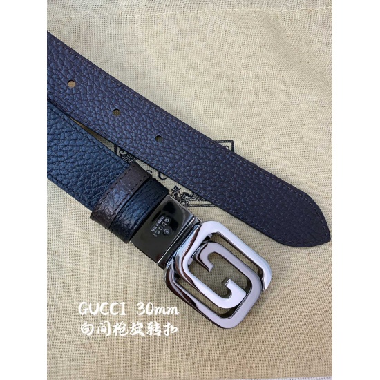 Gucci Narrow Edition Rotating Double Sided Head Layer Togo Litchi Pattern Width 3.0cm Rotating GG Buckle Double Sided Available/Cuttable