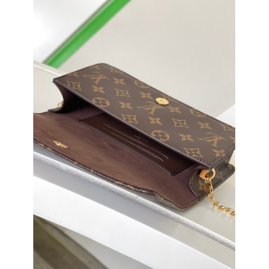 20231125 p450, M82509 Old Flower Lily wallet on chain is made from Monogram canvas wallet, combining a fashionable rectangular shape with a subtle retro appearance. Its flip cover is adorned with golden decorative panels, rivets, and engraved with the Lou