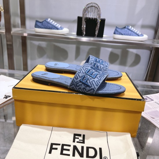 20240407 FENDI's latest best-selling item, wide strap flat bottom slippers, distressed blue denim material decorated with FF pattern embroidery, size 35-42, rubber sole 180, real leather sole 210
