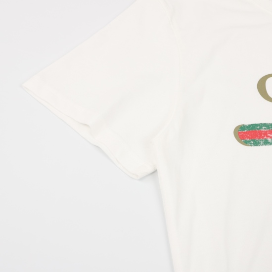 20240405 130 Gucci/Gucci Classic Double Ring Waistband Logo Printed Short Sleeve Original Washed Cotton Sweat Fabric, Collar, Cuff, Hem Damaged, Hand Cut Hole Treatment, Small Holes Consistent with Original Position, Contrast Bar Laser Dot Film Printing M