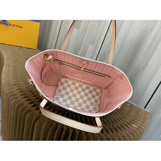 20231125 Internal Price P490 Top Original Order [Exclusive Background] M41245 Small White Grid Pink [Taiwan Goods] All Steel Hardware ✅ Classic Shopping Bag 29cm LV Louis Vuitton New Neverfull Small Handbag has a sleek and classic design, making it an ele