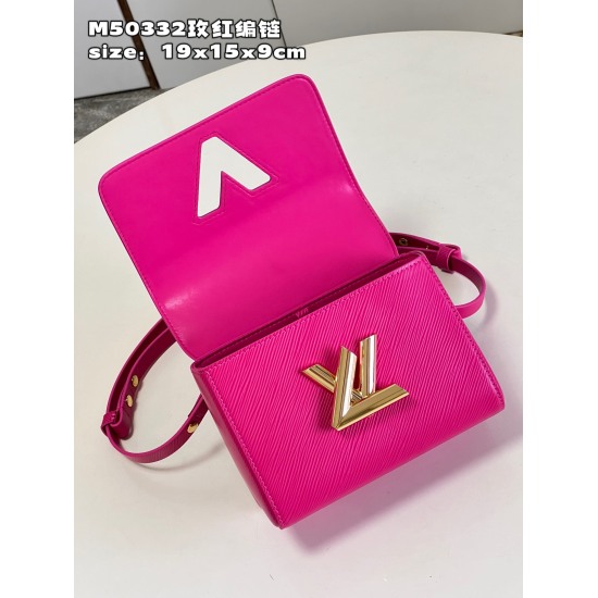 20231125 P1070 [Exclusive Real Shot M50332 Rose Red Knitted Chain] M21719 This Epi grain leather version Twist small handbag presents a bold and soft color style, with a detachable leather braided chain for a fashionable feel. It is paired with LV Twist t