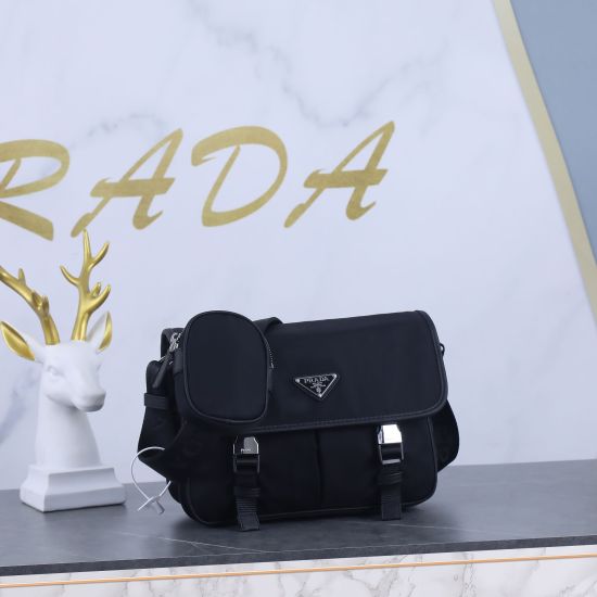 On March 12, 2024, batch 420, postman bag 2VD769B, medium size original order. This nylon flap handbag is adorned with classic Saffiano leather trim, equipped with two side buckles and the iconic triangular metal logo, showcasing a fashionable design styl