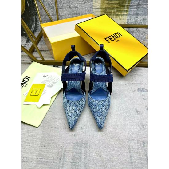 20240403 P200 (Customized 230 Leather Sole) Fenjia Dew Heel Sandals, Elastic Ribbon Wrapped Around Feet, Antique Blue Denim Material embellished with FF Embroidery Pattern, Available in Silver Glazed Heels at 6cm and 9cm Heights for Noble and Elegant Appe