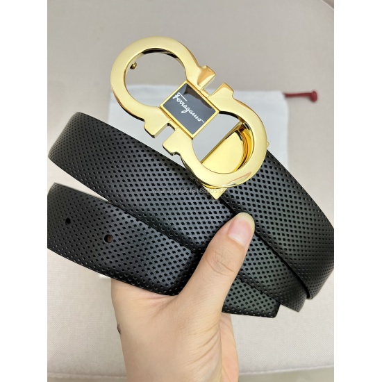2023.08.07 Ferragamo Salvatore Ferragamo S.p.A. men's counter matching metal buckle, the first layer of cowhide double-sided external belt, suitable for business commuting and leisure occasions. 3.5cm