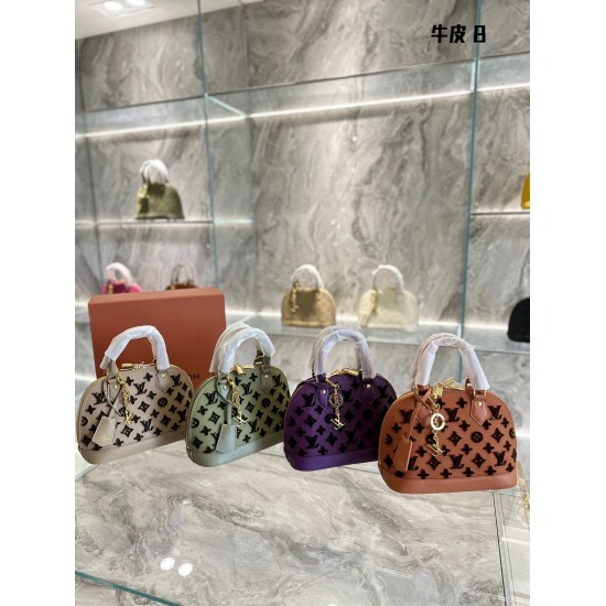 2023.10.1 p320 Elegant and understated ILVNEOALMABB cowhide printed shell bag Neo Alma BB handbag is crafted with soft Monogram Imprente leather in a delicate configuration. The contrasting lining presents bright colors, paired with a round handle and det