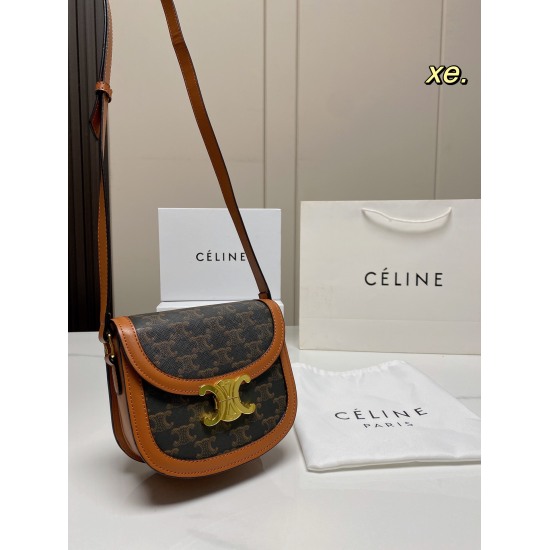 2023.10.30 P190 (Folding Box) size: 1714Celine New Celine Arc de Triomphe Saddle Bag Vintage Print Pattern, Round Corners~Metal Arc de Triomphe Switch, Can be Shouldered or Crossed Small and Convenient, Lazy and Easy to Follow