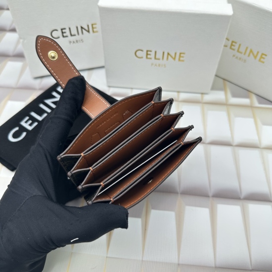 2023.09.27 CELINE ACCORDEON Grained Calfskin Organ Pleated Card Bag 4 X 3 inches (11 X 7 cm) 100% Calfskin Gold Metal Snap Strap Locking 5 Corner Brace Partitions,