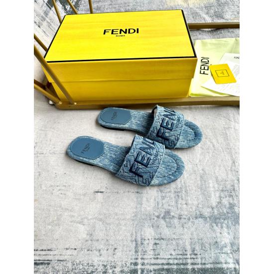 20240403 P rubber sole 160 (customized leather sole 190) Fenjia's latest popular model, wide strap flat bottom slippers, imitation blue denim material with stitching FF pattern embroidery Size: 35-42