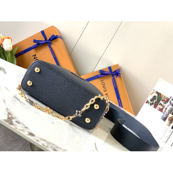 20231125 P1200 [Premium Original Leather M80239 Blue] This Capuchines mini handbag is made of full grain Taurillon cow leather, engraved with LV letters in Monogram flowers that resemble jewelry and connected to a sparkling chain. The leather handle and L