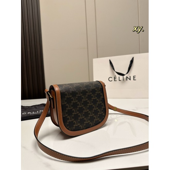2023.10.30 P190 (Folding Box) size: 1714Celine New Celine Arc de Triomphe Saddle Bag Vintage Print Pattern, Round Corners~Metal Arc de Triomphe Switch, Can be Shouldered or Crossed Small and Lightweight, Lazy and Easy to Follow