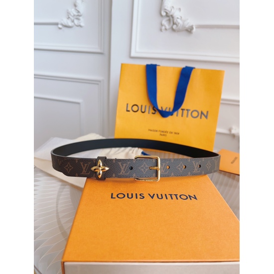 2024/03/06 2.5cm wide women's belt M8376, made of coffee colored vintage sail fabric/black top layer cowhide bottom, vacuum electroplated glossy gold needle buckle, and paired with LV iconic square flower metal.