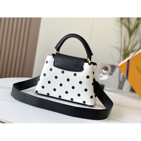 On July 10, 2023, M20373 Polka Dot Gold Buckle This Capuchines BB handbag features a vivid polka dot pattern on cow leather, continuing the classic exploration of the 2022 spring/summer ready to wear collection. The detachable wide shoulder strap and top 