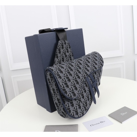 20231126 510 Dior Men's Saddle Bag with Authentic Matching Box Model: 1ADPO093 (Blue Cloth Jacquard) Size: 20 * 28.6 * 5cm Physical Photo, Same as Goods Heavy Gold Authentic Printing Reproduction Imported Apricot Cloth Jacquard Fabric with Original First 