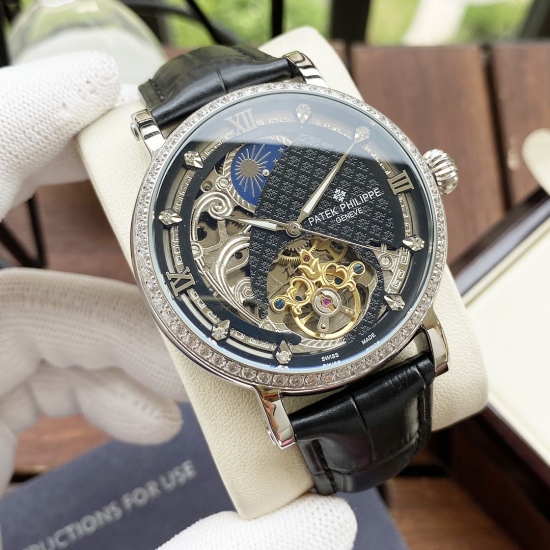 20240408 Unified 550. 【 Hollow out Design Noble and Elegant 】 Patek Philippe Men's Watch Fully Automatic Mechanical Movement Mineral Reinforced Glass 316L Precision Steel Case with Leather Strap Simple and Elegant Business and Leisure Size: Diameter 42mm,