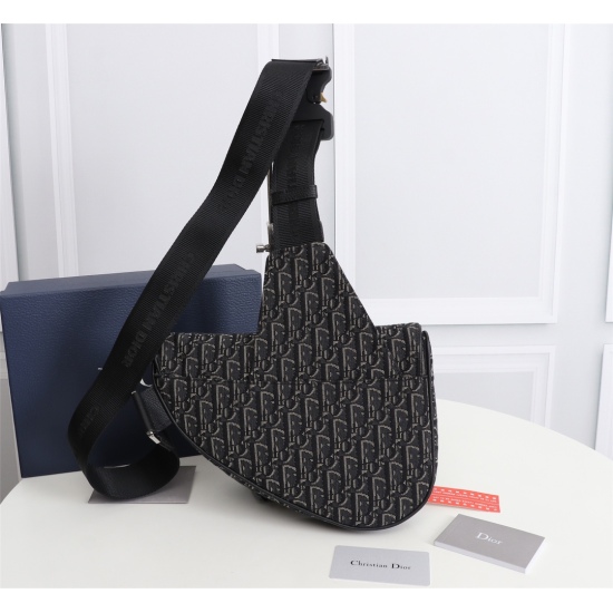 20231126 510 Dior Men's Saddle Bag with Authentic Matching Box Model: 1ADPO093 (Gray Cloth Jacquard) Size: 20 * 28.6 * 5cm Physical Photo, Same as Goods Heavy Gold Authentic Printing Reproduction Imported Apricot Cloth Jacquard Fabric with Original First 