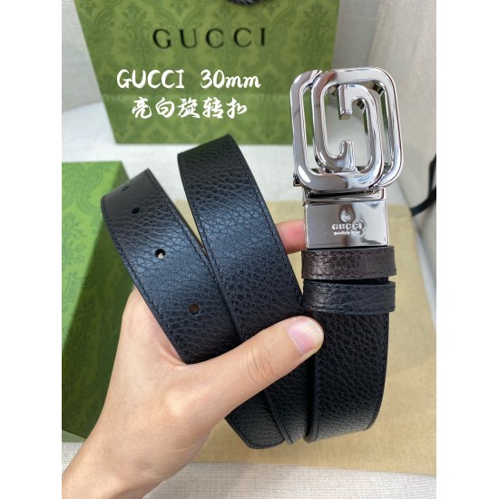 Gucci Narrow Edition Rotating Double Sided Head Layer Togo Litchi Pattern Width 3.0cm Rotating GG Buckle Double Sided Available/Cuttable