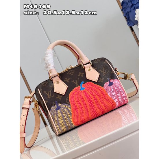 20231126 P920 [Exclusive Real shot M46469] LV x YK Speed Bandoulire 20 handbag embraces the pumpkin theme of the Louis Vuitton x Kusama Yayoshi collaboration series, depicting a psychedelic pumpkin pattern on the surface of Monogram canvas, retelling the 
