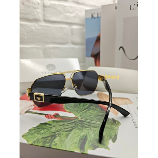 220240401 P90 Black Gold Versace Square Sunglasses with Concise Metal Style Gold Medusa Head Image with Three Dimensional Texture
