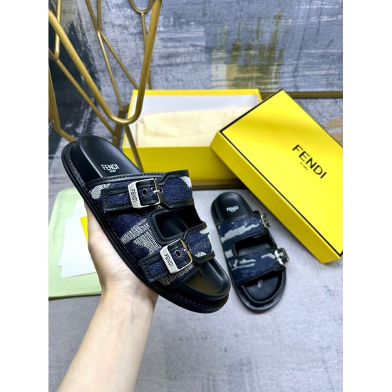 20240403 P Women 190 Men 10, Fenjia's latest popular double strap flat bottom slippers, dual functional buckle, denim material decorated with contrasting tassel jacquard and leather edge details Size: 35-45