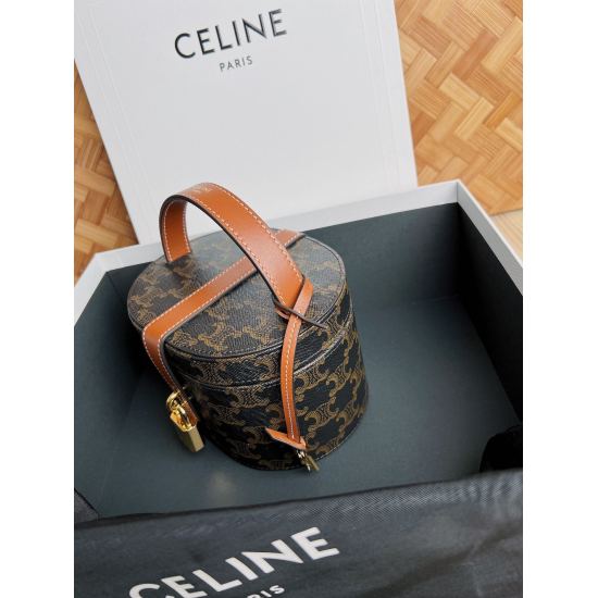 20240315 P780 CELINE New Product | Retro Old Flower Vanity Case Handheld Oval 3D Makeup Box with Stand up, Round Drum, Small and Cute Comes with a Mirror Whether for Travel or Dressing on the Dressing Table, High end and Durable 001288 RIOMPHE CANVAS Logo