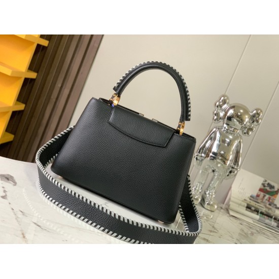 20231125 P1350 [Premium Original Leather M21121 Black Woven Gold Buckle] This Capuchines Medium handbag showcases the exquisite craftsmanship of Louis Vuitton. The color details of the Taurillon leather body, handle, and shoulder strap contrast, while the