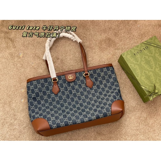 On March 3, 2023, the top of the 190 boxed GG denim tote shopping bag is paired with brown cowhide, the hottest denim tannin element! Retro style filled!! The size is approximately: 47 * 37 * 28cm from top to bottom